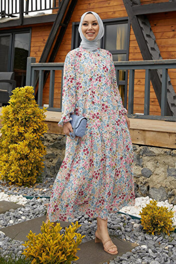 ModaAyşeli Beige Mini Floral Print Dress Ay263