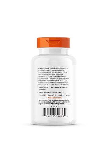 Doctor's Best Trans-Resveratrol 600, 98% Pure, Non-GMO, Gluten & Soy Free, Vegan, 60 Caps