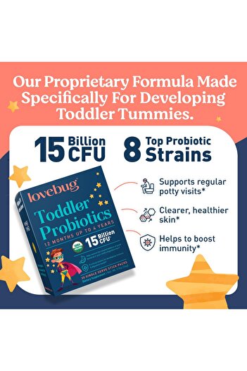 lovebug PROBIOTICS Lovebug Toddler Probiotics - Organic, Constipation Relief, Stomach Comfort, Ages 1-4, 30 Pack