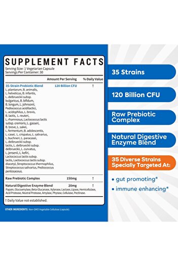 Surebounty Probiotics 120B CFU, Prebiotics + Digestive Enzymes, 3-in-1 Digestive Support, 30 Caps