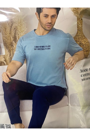 VERA COLLECTİON Men's Short Sleeve Single Jersey Combed Cotton Pajama Set