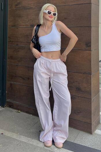 Madmext Powder Adjustable Waist Wide Leg Draped Striped Trousers Mg2087