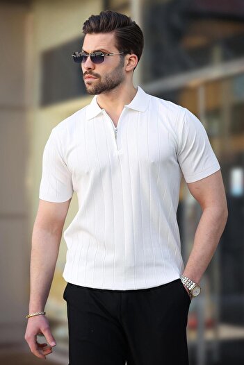 Madmext White Polo Neck Zippered Men's T-Shirt E7298