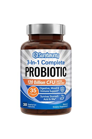 Surebounty Probiotics 120B CFU, Prebiotics + Digestive Enzymes, 3-in-1 Digestive Support, 30 Caps