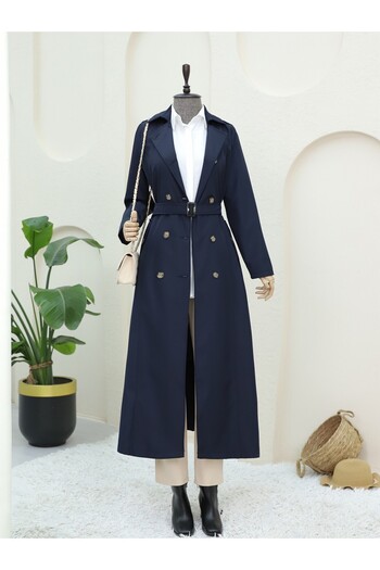 Modamorfo Double Button Belted Trench Coat - Navy