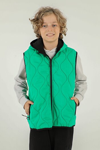 Black One Hooded Double Pocket Zipper Detailed Girl's Vest