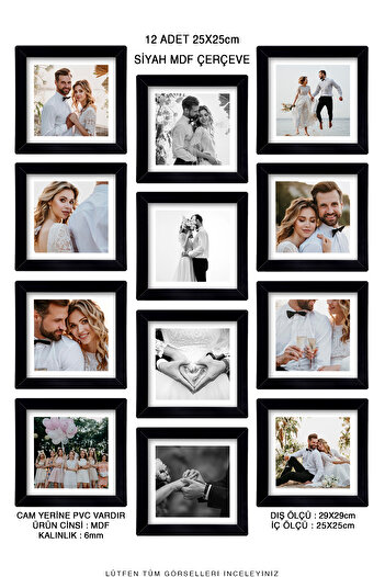 yhfoto 12 Pieces 25x25 Frame - Black Frame - MDF Square Frame - Photo Frame Set