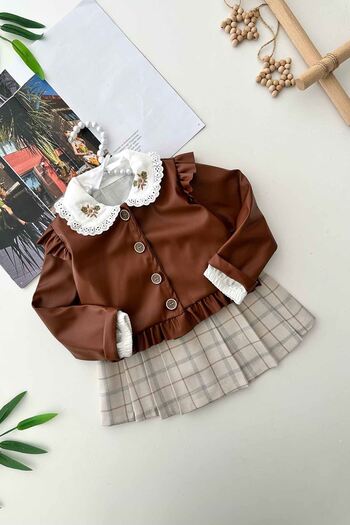 Minigimin Cicileri Brown Mini Girl's Kaftan Sleeve Turkish Fabric Collar Embroidery