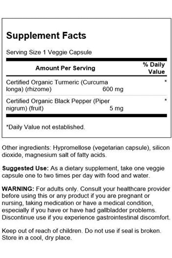 SWANSON Organic Turmeric & Black Pepper Supplement - Joint, Heart, Digestion, Liver Support - 60 Capsules