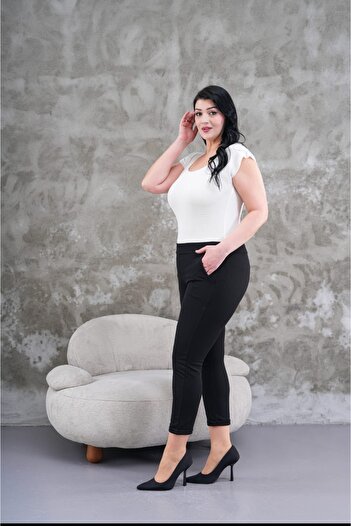 PARKDERİN Plus Size Scuba Crepe Fabric, Double Legs, Elastic Waist, Lycra Trousers