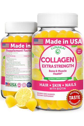 Lunakai USA Made Collagen Gummies - 200mg Non-GMO with Biotin, Zinc, Vitamins C & E, 60ct