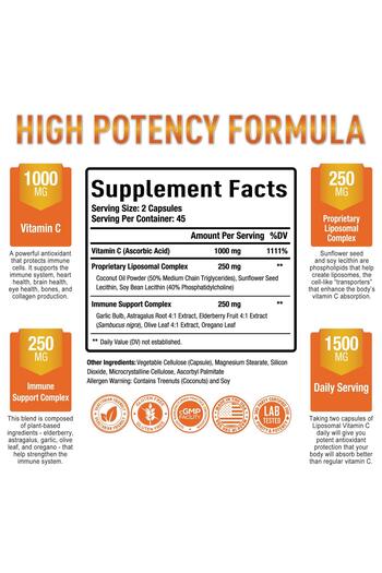 Purely Optimal Premium Liposomal Vitamin C 1000mg - High Absorption, Immune & Collagen Support, Non-GMO, 90 Caps