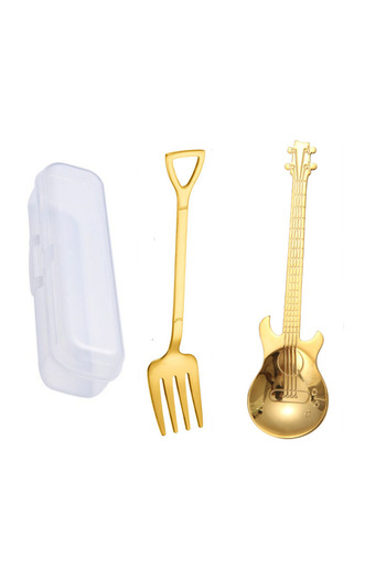 jojobebek Gold Color Guitar Design Stainless Steel Spoon and Stainless Steel Fork + Storage Box