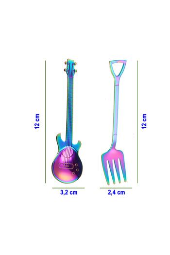 jojobebek Stainless Steel Spoon with Rainbow Color Guitar Design and Stainless Steel Fork + Storage Box