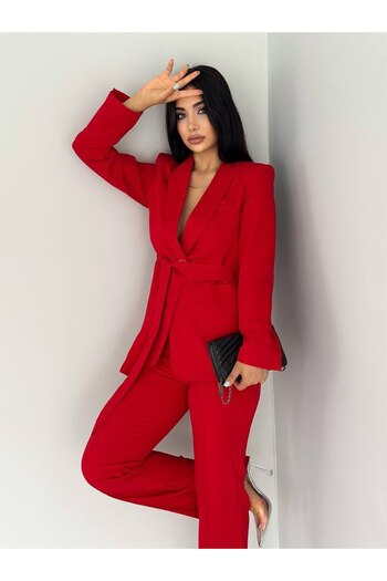 STMT BUTİK Belted Waist Blazer Jacket Pants Set - Stylish, Elegant and Versatile Women's Set for Any Occasion