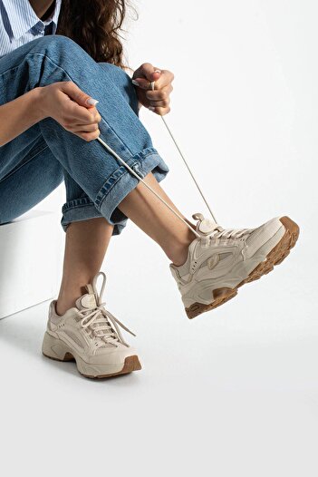 Getcho Dennise Women's Thick Sole Beige Sports Shoes Comfortable Daily Walking Sneaker Lace-Up Model