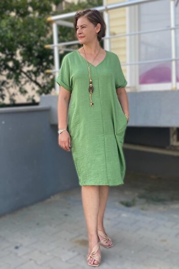 Mia Butik Large Size Green Necklace Gift Loose Dress