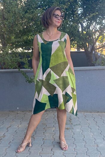 Mia Butik Plus Size Strappy Emerald Green- Green- Cream Geometric Patterned Dress