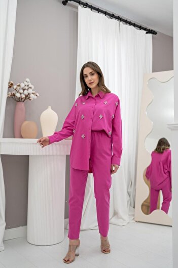 Viyamo Fuchsia Classic Stone Linen Suit