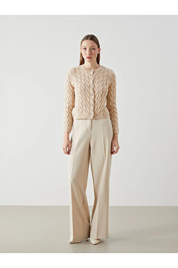 LC Waikiki Lcw Vision Beige Crew Neck Self Patterned Women's Knitwear Cardigan