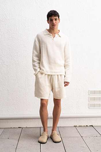 GIESTO Long Sleeve Beige Shirt with Buttons on the Collar