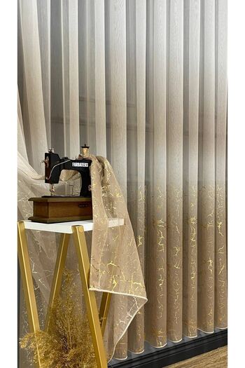 farbateks Olympos Beige Gold Gilded - New Fashion 3 Layer Pleated Tulle Curtain