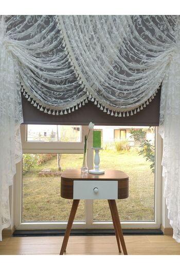 farbateks White Shawl Design Fringed Double Breasted Curtain Yanki Tulle Theater Model Curtain