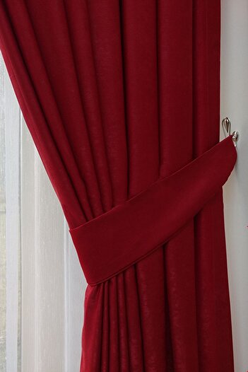 farbateks Background Fabric Curtain Red Color Velvety Soft Soft Wing Side Curtain 1e 3 Draped Pleat