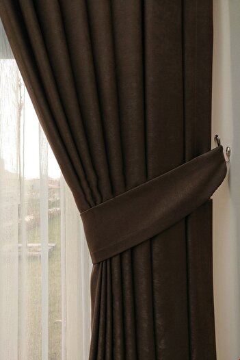 farbateks Background Fabric Curtain Milky Brown Color Velvety Soft Soft Wing Side Curtain 1e 3 Draped Pleat