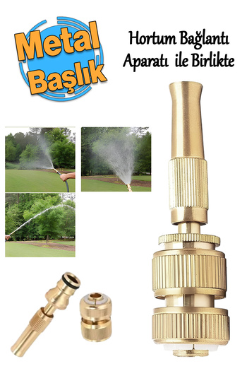 Badem10 Metal Ayarlanabilir Sulama Başlığı Sarı Renk Hortum Bağlantı Aparatlı Sök Tak Bahçe Araba Yıkama