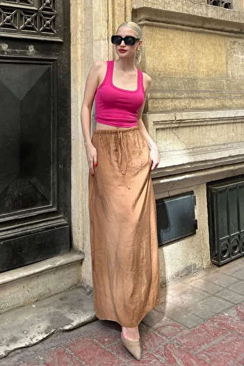 Madmext Fustă lungă pentru femei cu talie elastică Camel MG1979