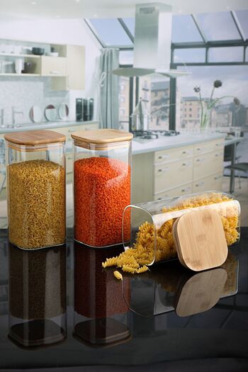 Lizzy 6-Piece 1500 ml Square Glass Spice Jar and Food Container with Bamboo Lid