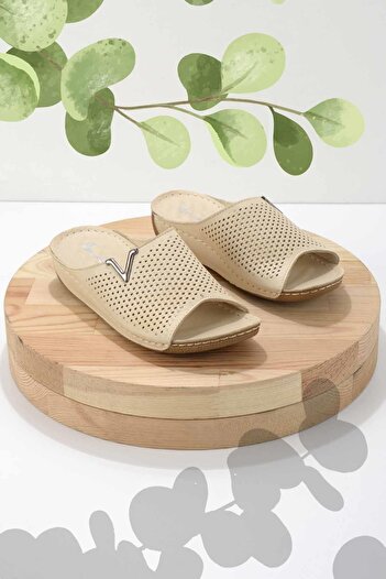 Bambi Beige Genuine Leather Women's Slippers K04278222203