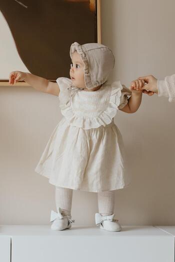 Le Mabelle Beige Short Sleeve Girls Dress with Scallop Detail and Bow - Rosa