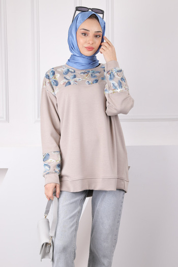 İmajButik Modal Sweat with Mink Tulle Flower Garnish