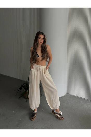 Bak'ap Muslin Fabric Elastic Leg Summer Loose Trousers with Elastic Waist