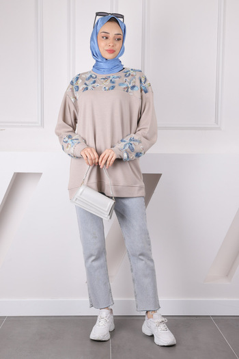 İmajButik Modal Sweat with Mink Tulle Flower Garnish