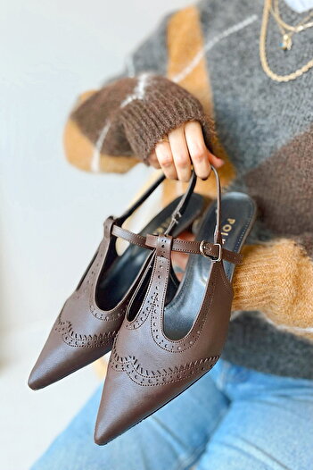 POLKA STORE Diana Retro Bitter Brown Pointed Toe Buckle Heeled Women's Shoes