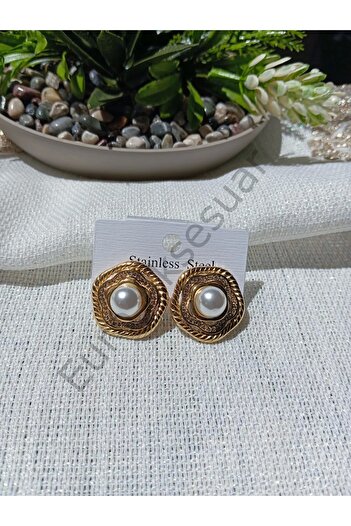 stainless steell Pearl Detailed Rhinestone Steel Earrings