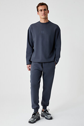GRIMELANGE Pepo Men's Elastic Waist Relaxed Anthracite Sweatpants with Zippered Pockets and Print Detail