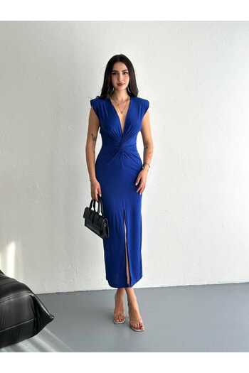 Butik Merrline Women's Blue Front Gathered Padded Daily Night Stylish Full Mold Low-Cut Slit Evening Dress