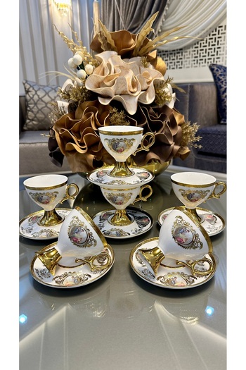 ACAR Porselen 6 Kişilik Ayaklı Gold Kahve Fincanı Takımı Rosanna