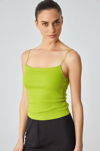 GRIMELANGE Ayane Women's Organic Cotton Twill Stretch Fabric Green Blouse with Spaghetti Straps