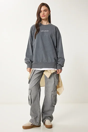 Lovelyİstanbul Faded Effect Oversize Sweatshirt with Slogan: Gray Lus0091