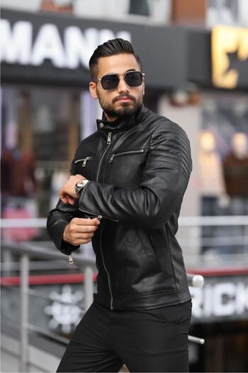 PRİFALDİ Ανδρικό δερμάτινο μπουφάν Prifaldi Μαύρο Slim Fit με εσωτερική τσέπη
