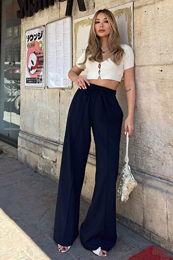 Swist Navy Blue Elastic Waist Grass Detail High Waist Women's Palazzo Trousers
