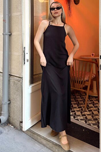 Swist Black Thin Strap Halter Neck Double Slit Linen Blend Women Midi Dress