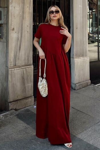 Swist Burgundy Bias Pleated Crew Neck Women's Modal Maxi Dress