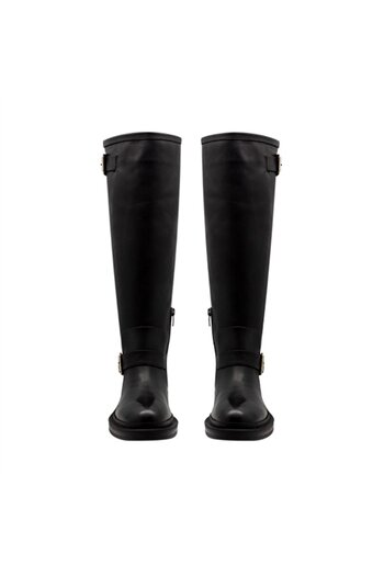Vario Hakiki Deri Çift Tokalı Düz Taban Diz Altı Kadın Çizme Sıyah (BLACK)
