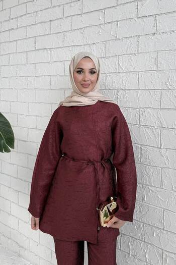 Melike Tatar Claret Red Jacquard Suit 32-2313